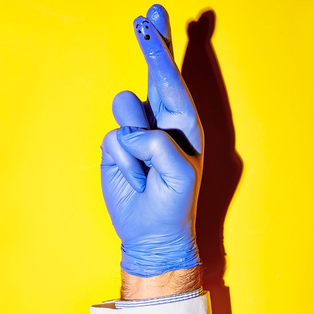Blue, Yellow, Finger, Hand, Glove, Arm, Wrist, Gesture, Personal protective equipment, Thumb, 