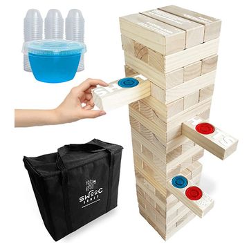 giant jenga with holes in blocks for jello shots
