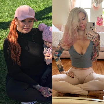 Clothing, Blond, Arm, Beauty, Leg, Pink, Tattoo, Footwear, Sportswear, Sitting, 