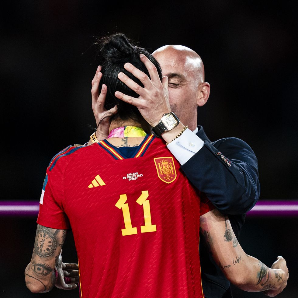 president of the royal spanish football federation luis rubiales kisses jennifer hermoso of spain during the medal ceremony of the womens world cup 2023