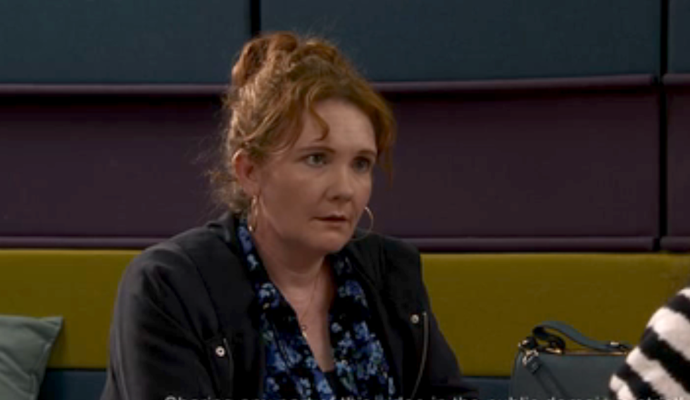 fiz brown sits with izzy armstrong in coronation street