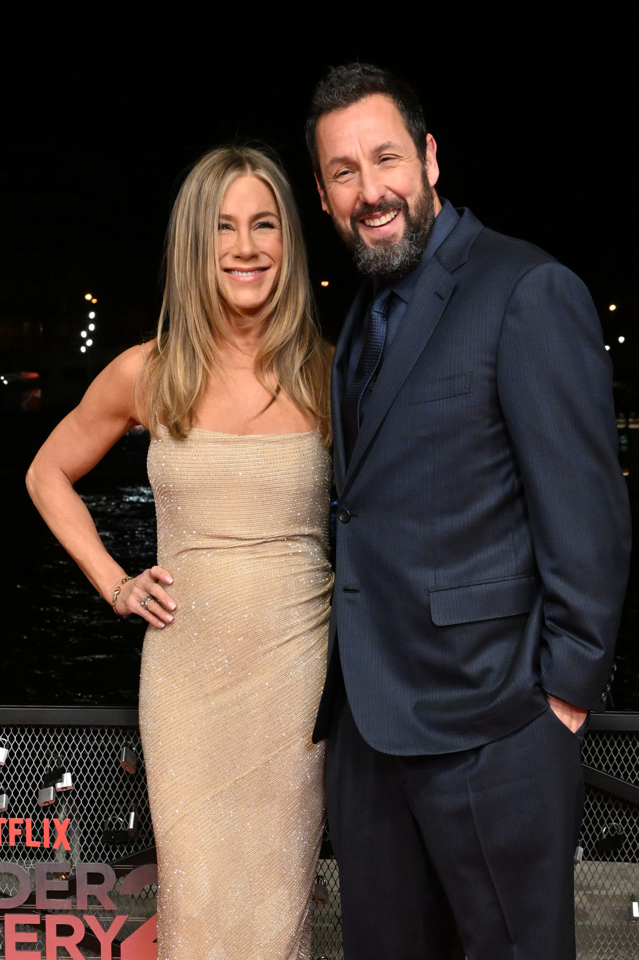 Jennifer Aniston, in a Sheer Mini Dress, Called Out Adam Sandler for Wearing a Sweatshirt to Their Premiere