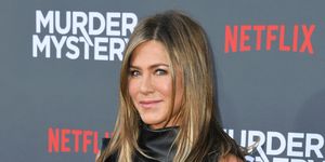 jennifer anniston in a leather dress at the premiere of la premiere of netflix murder mystery