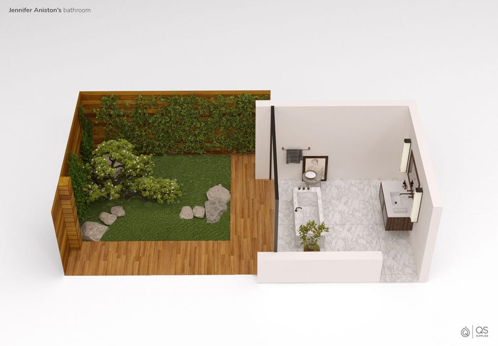 plano 3d del baño de la casa de jennifer aniston, según qs supplies