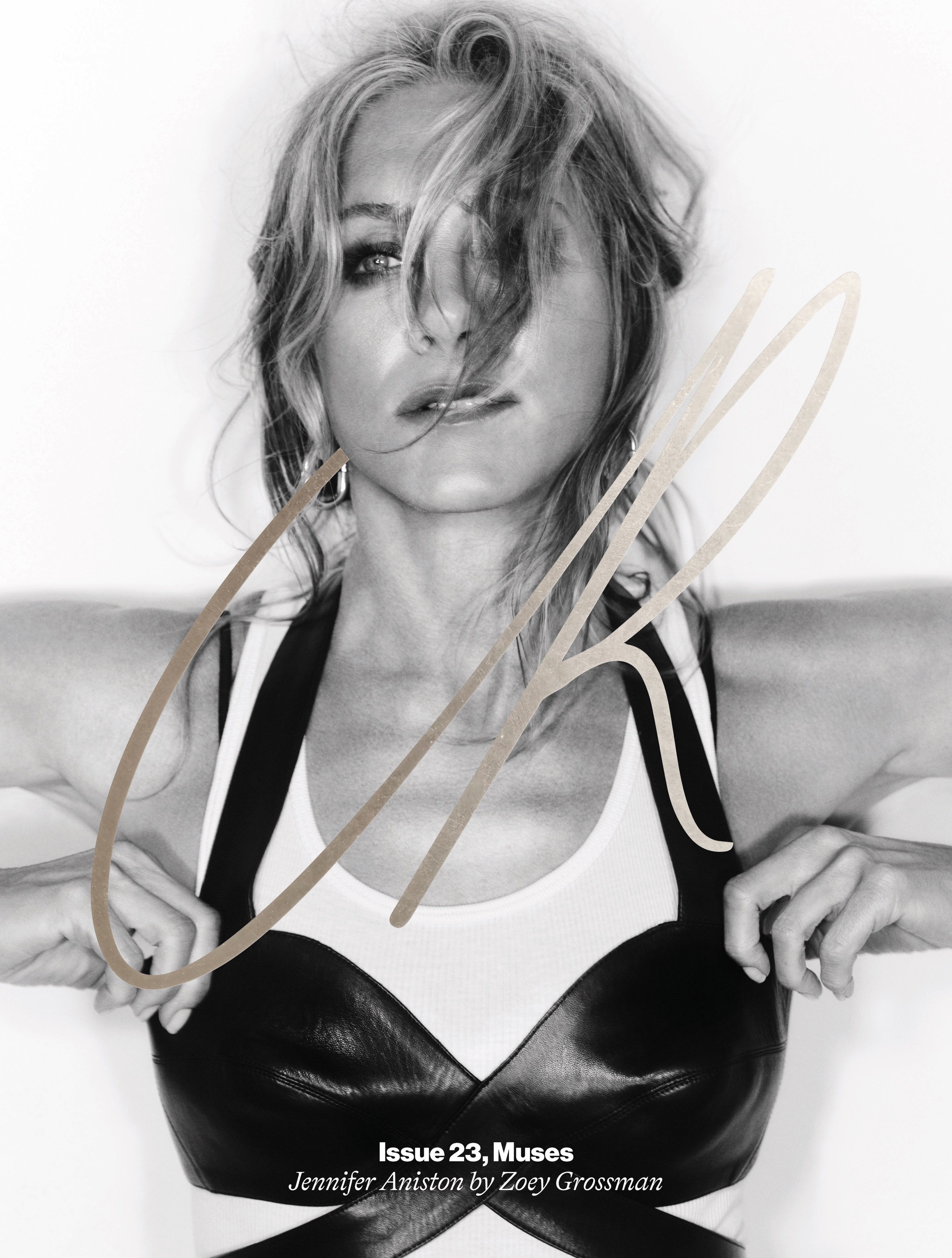 Jennifer Aniston wears a leather bra on CR Fashion book cover