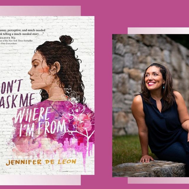 jennifer de leon's book cover don’t ask me where i’m from and jennifer sitting next to it with a navy blue dress on outside