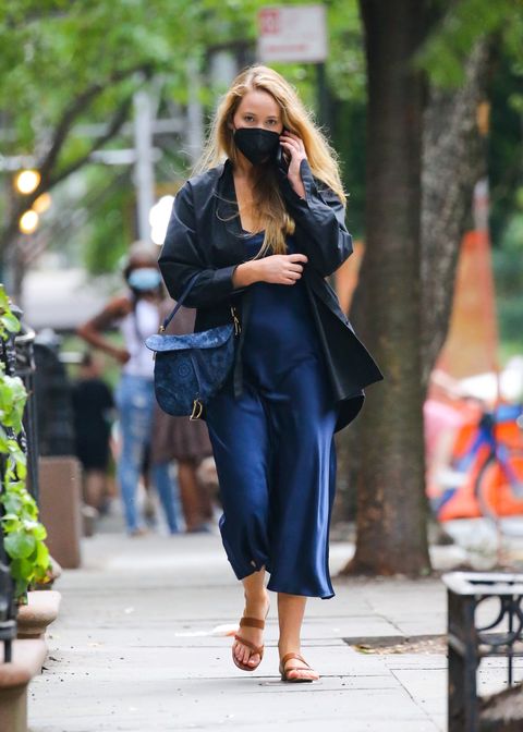 Jennifer Lawrence in New York in a blue dress