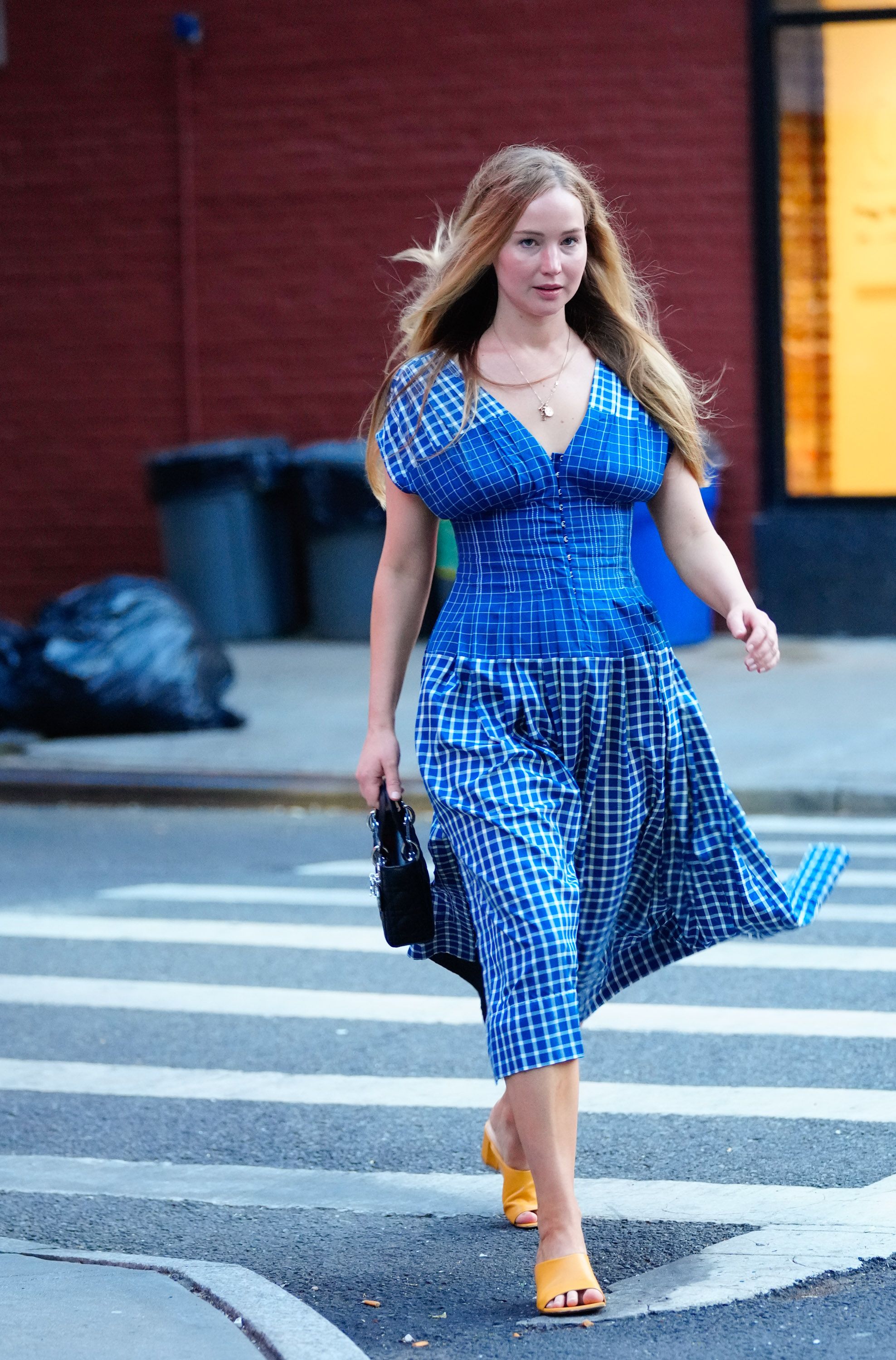 Jennifer Lawrence Wears Billowy Blue Corset Summer Dress In NYC