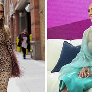 j lo in two looks, on the left in leopard print, on the right in tiffany blue