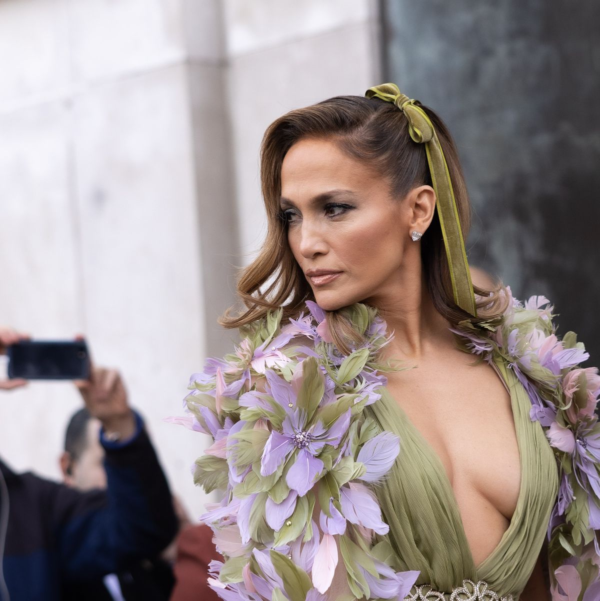 Jennifer Lopez Wears Floral Plunge Dress at Elie Saab Show