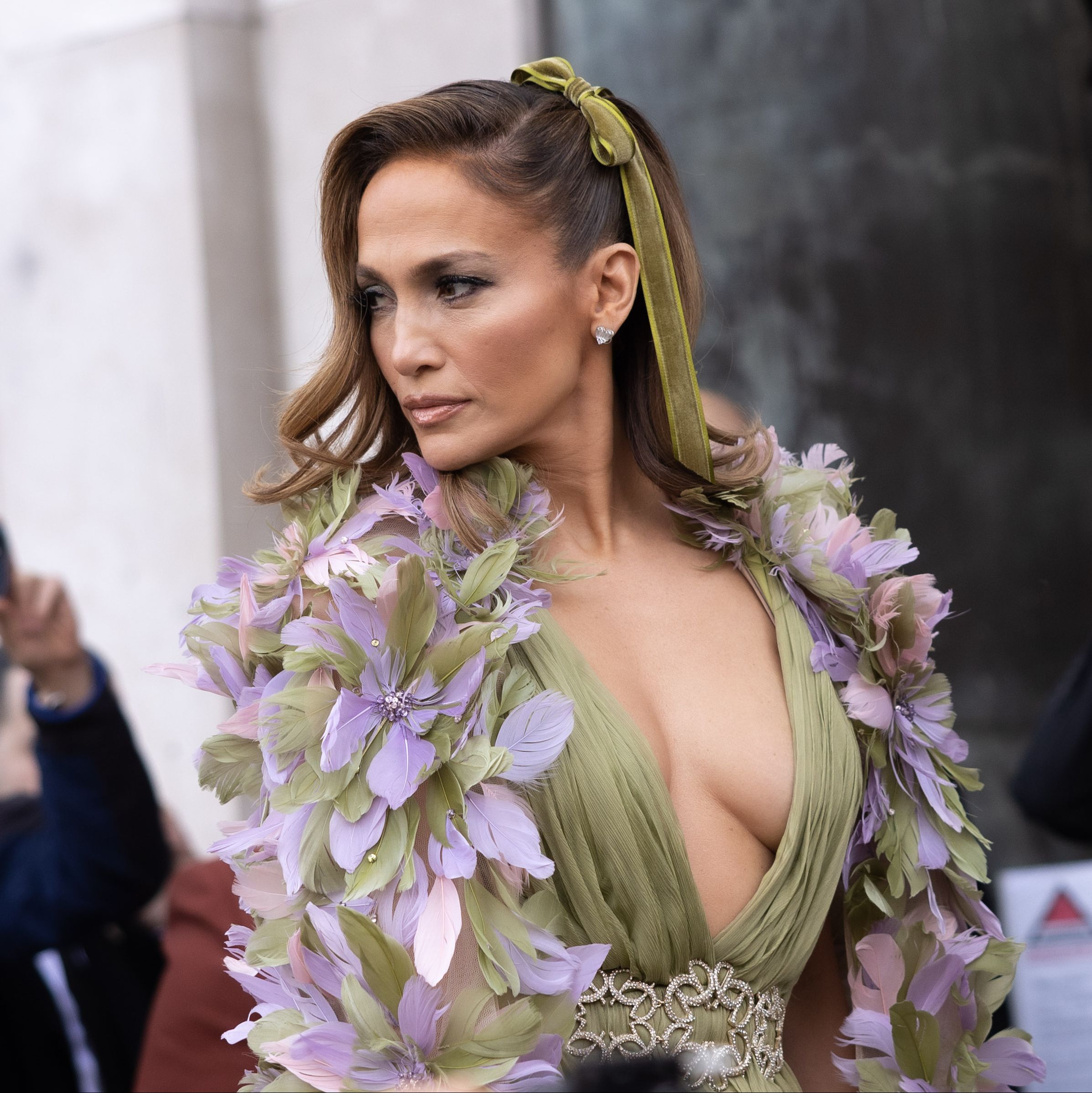 Jennifer Lopez Stuns in a Flower-Adorned Plunge Dress at Elie Saab's Paris Haute Couture Show