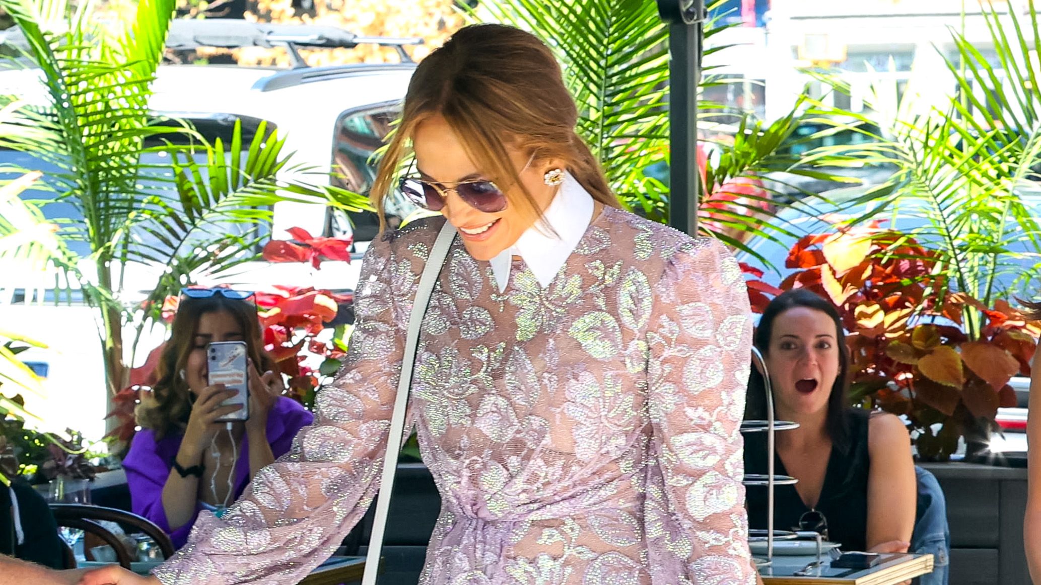 Jennifer Lopez Wears Sheer Lilac Lace Dress in NYC