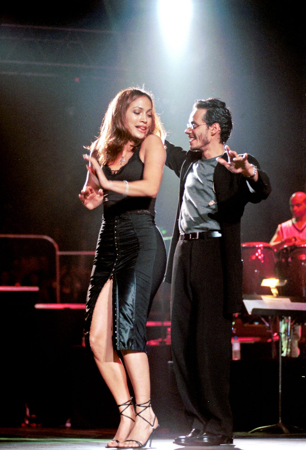 american latin and pop singer marc anthony born marco antonio muniz performs onstage with jennifer lopez at madison square garden concert, new york, new york, september 26, 1998 photo by jack vartoogiangetty images