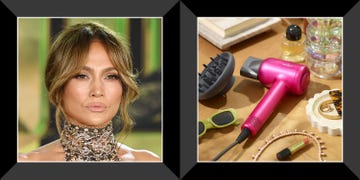 a split image featuring jennifer lopez and a styled vanity with beauty items and wavytalk hair dryer with diffuser