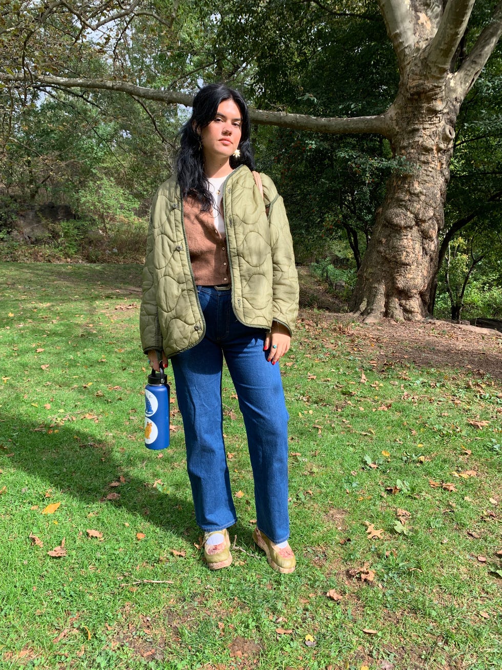 Clothing, Green, Jeans, Tree, Jacket, Outerwear, Grass, Denim, Parka, Footwear, 