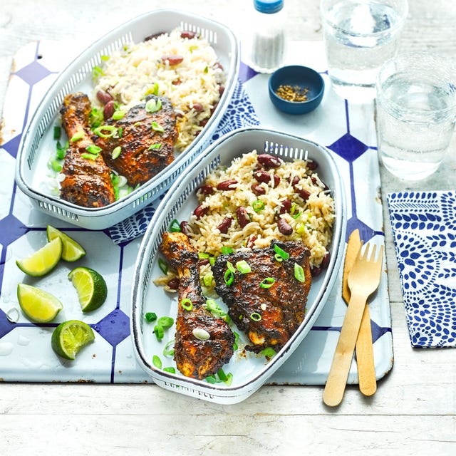 Jerk chicken with rice and beans