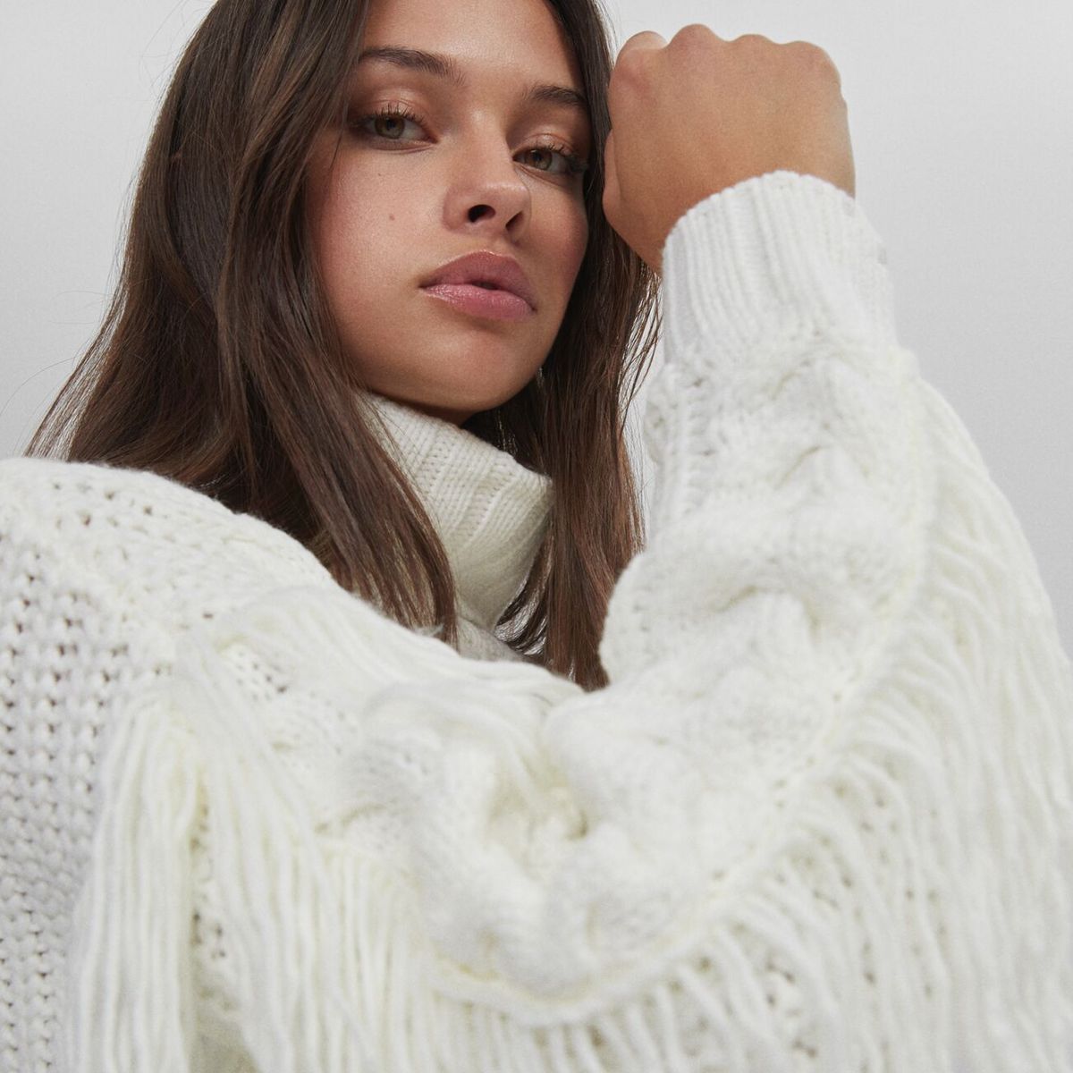 Jersey de lana con flecos Mujer, Blanco