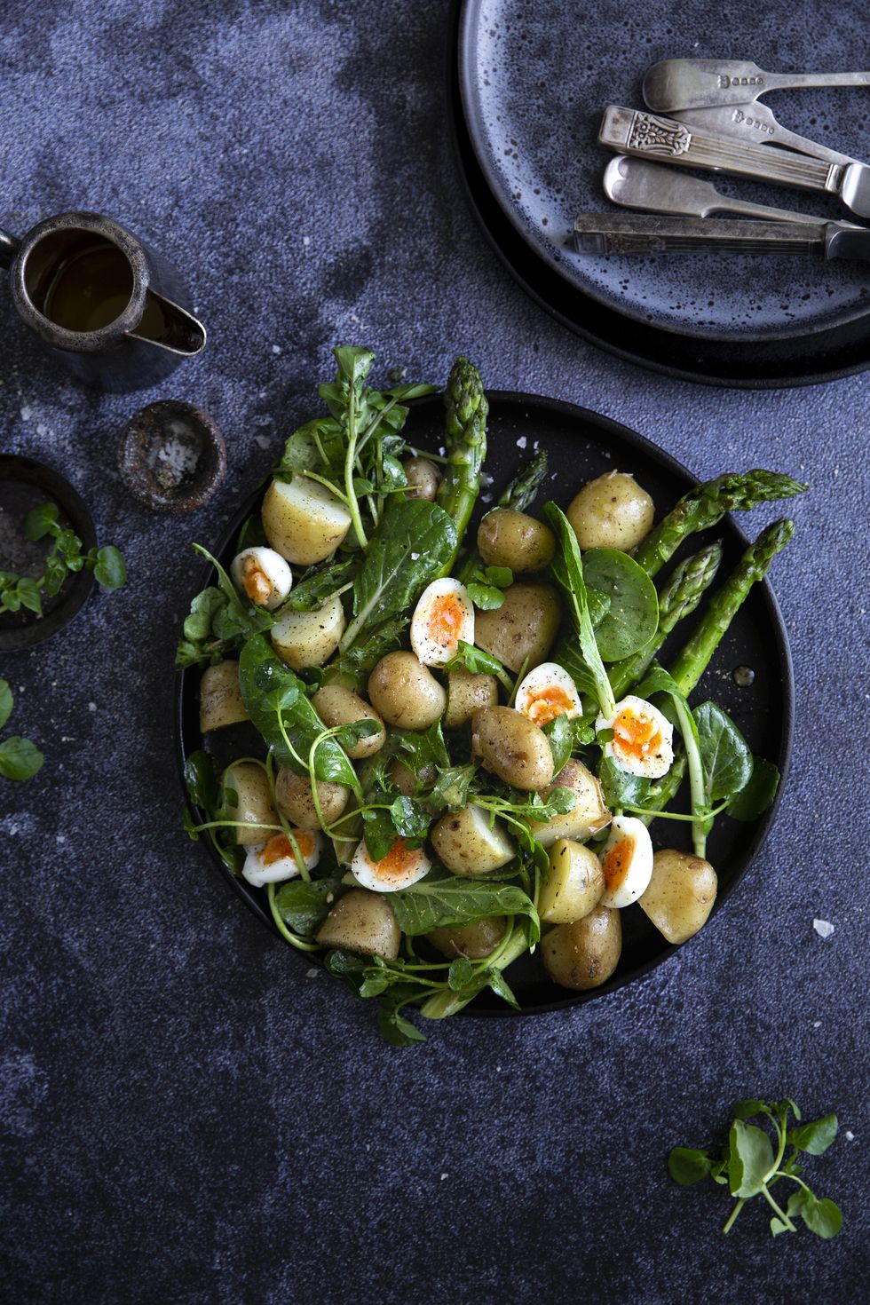 jersey royal potato salad with asparagus and quails eggs