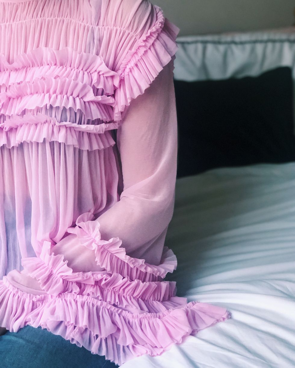 Pink, Purple, Ruffle, Textile, Dress, Linens, Bed sheet, Embellishment, Magenta, Bedding, 