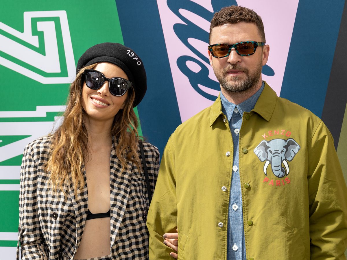 Jessica Biel Wears Plaid Suit With Justin Timberlake at Kenzo Show