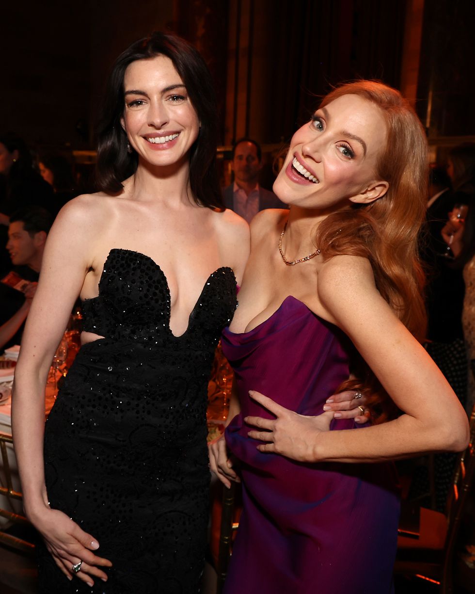 new york, new york january 11 l r anne hathaway and jessica chastain attend the national board of review 2024 awards gala at cipriani 42nd street on january 11, 2024 in new york city photo by kevin mazurgetty images for national board of review