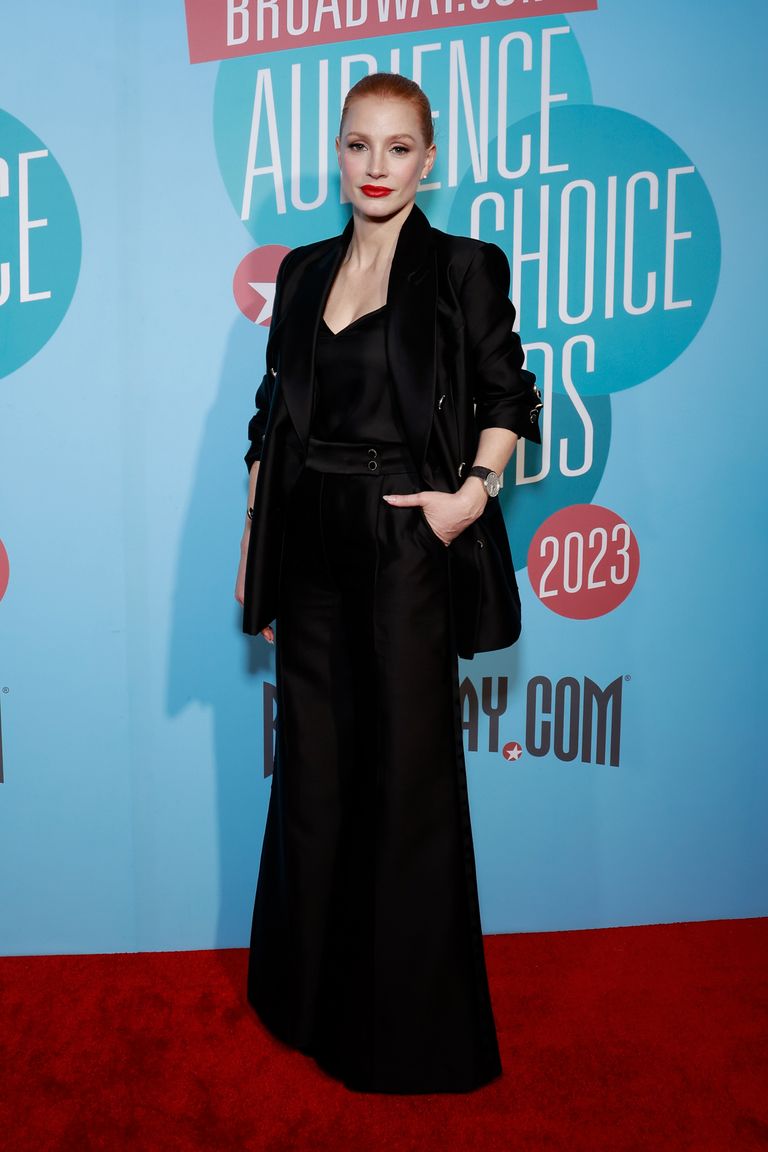 Jessica Chastain wears black tailored suit on the red carpet