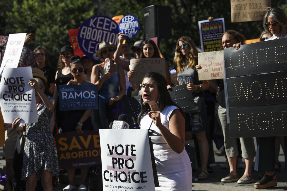 Jessica Ramos, who is challenging Democratic State Senator Jose Peralta in the September primary, at an abortion rights rally in New York.