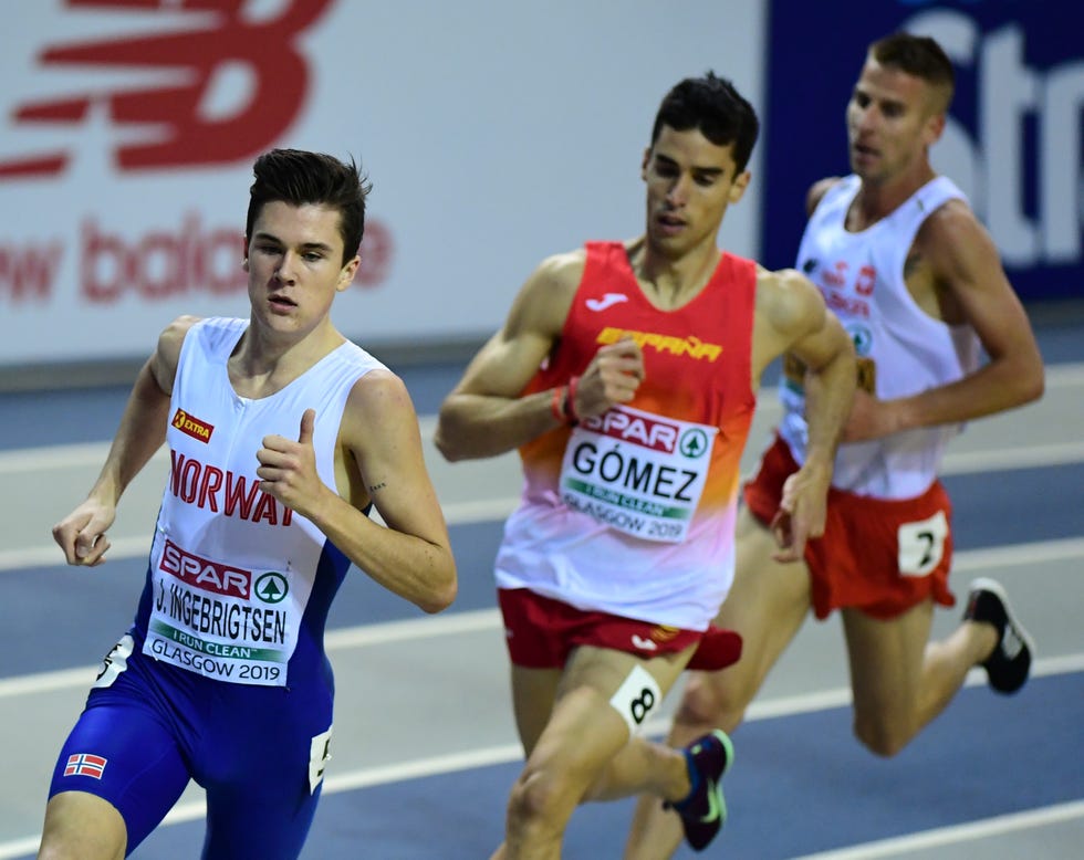 03 march 2019, great britain, glasgow athletics, european indoor championships, 1500, men, final, in the emirates arena jakob ingebrigtsen l r, silver, norway, jesus gomez bronze, portugal, marcin lewandowski gold photo soeren stachedpa photo by soeren stachepicture alliance via getty images
