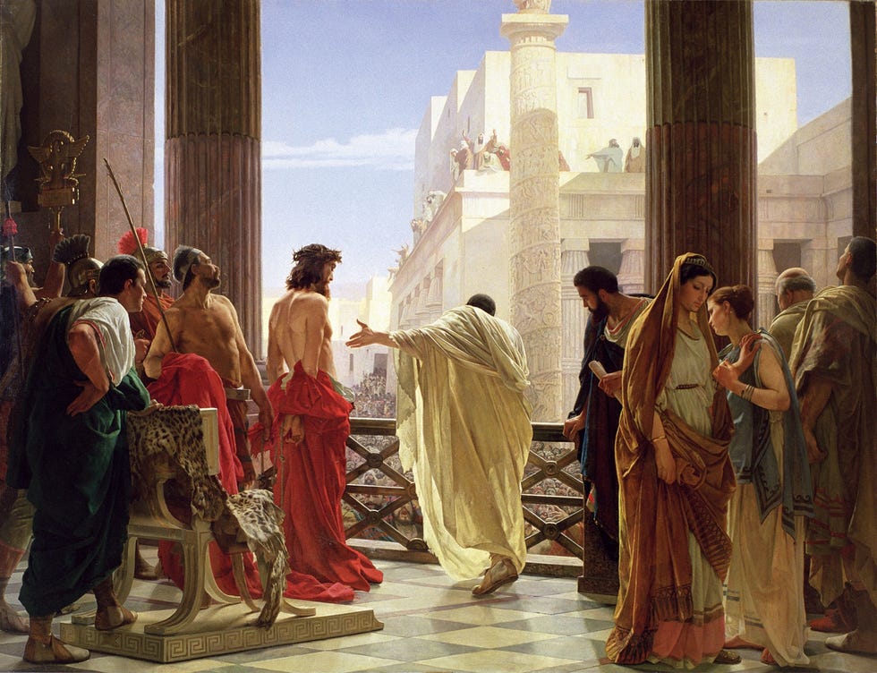 Antonio Ciseri schilderde het doek Ecce Homo 1880 dat het moment uitbeeldt waarop Pilatus de gegeselde Christus aan het volk toont
