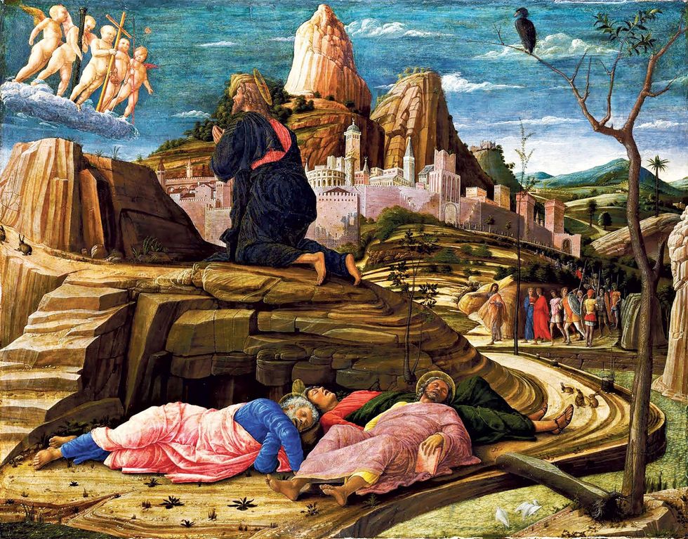 Christus doodsangst op de Olijfberg van de Renaissanceschilder Andrea Mantegna ca 14311506 werd rond 1460 vervaardigd Het werk toont het moment waarop Jezus in de Hof van Getsemane bidt terwijl drie van zijn discipelen naast hem slapen en Romeinse soldaten naderen
