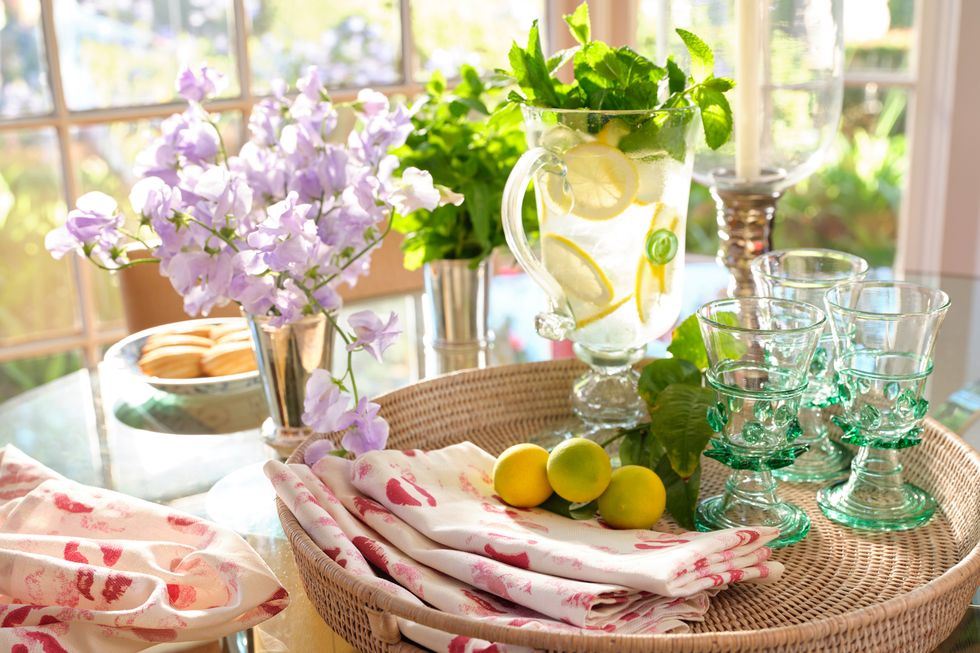 Green, Table, Yellow, Brunch, Pink, Flower, Centrepiece, Spring, Plant, Textile, 