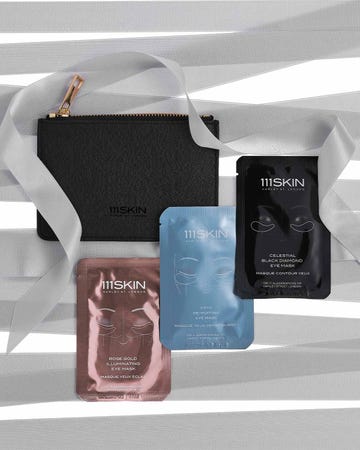 eye masks and a black pouch on a textured background