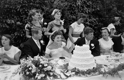 view of the head table of at the kennedy wedding reception, newport, rhode island, september 12, 1953 among those pictured are robert kennedy 1925   1968 seated, second left, bride jacqueline kennedy 1929   1994 seated, center in a battenburg wedding dress, groom and future us president john f kennedy 1917   1963 seated second, right standing behind them is eunice kennedy shriver 1921   2009 photo by lisa larsenthe life picture collection via getty images