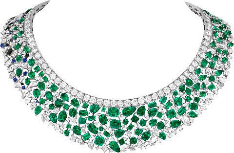 ceinture d'émeraudes necklace white gold, 125 fancy cut emeralds for 6382 carats afghanistan, sapphires, black spinels, diamonds