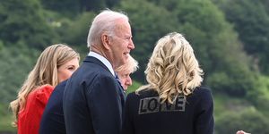 britains prime minister boris johnson 2r, his wife carrie johnson l and us president joe biden and us first lady jill biden, wearing a jacket bearing the words love, look out over the sea, prior to a bi lateral meeting at carbis bay, cornwall on june 10, 2021, ahead of the three day g7 summit being held from 11 13 june   g7 leaders from canada, france, germany, italy, japan, the uk and the united states meet this weekend for the first time in nearly two years, for the three day talks in carbis bay, cornwall   photo by toby melville  pool  afp photo by toby melvillepoolafp via getty images