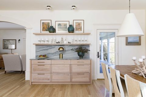 kitchen, serving sideboard, natural wooden cabinets
