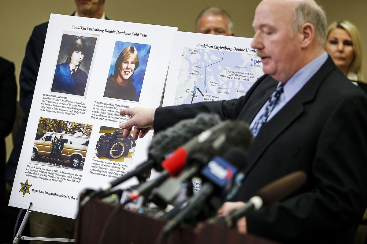 file   in this april 11, 2018, file photo, snohomish county cold case detective jim scharf, right, shares details of the unsolved case of the 1987 double homicide of jay cook and tanya van cuylenborg, during a press conference in everett, wash william earl talbott ii was found guilty friday, june 28, 2019, in the 1987 killings of the young canadian couple  ian terrythe herald via ap, file