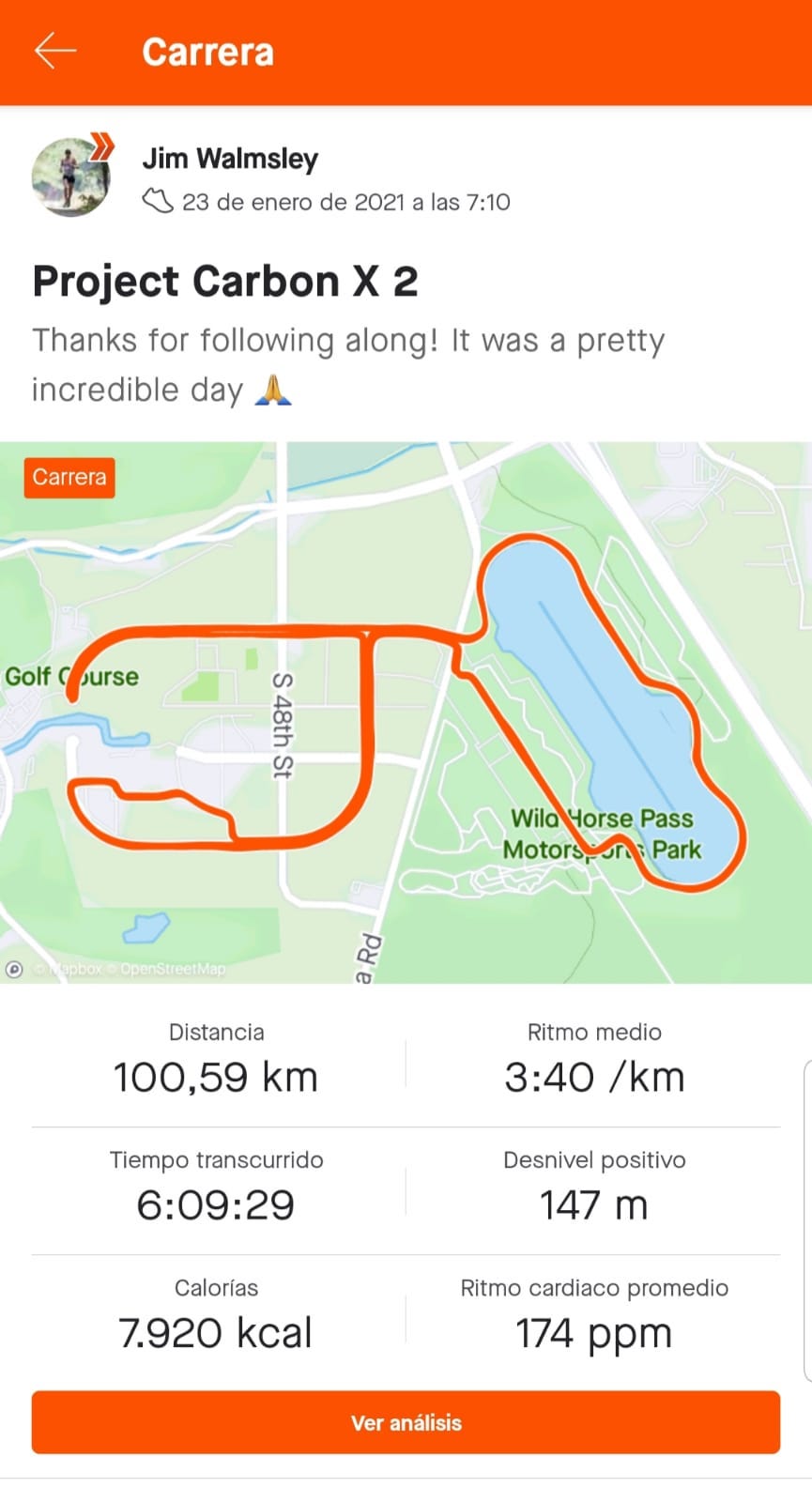los datos de jim walmsley en strava en su reto de 100km de hoka one one