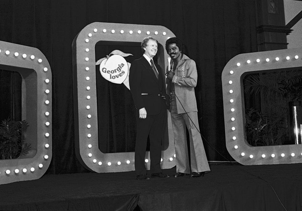 jimmy carter and james brown at carter's fundraiser for his 1976 presidential run at royal coach inn atlanta georgia february 14, 1976