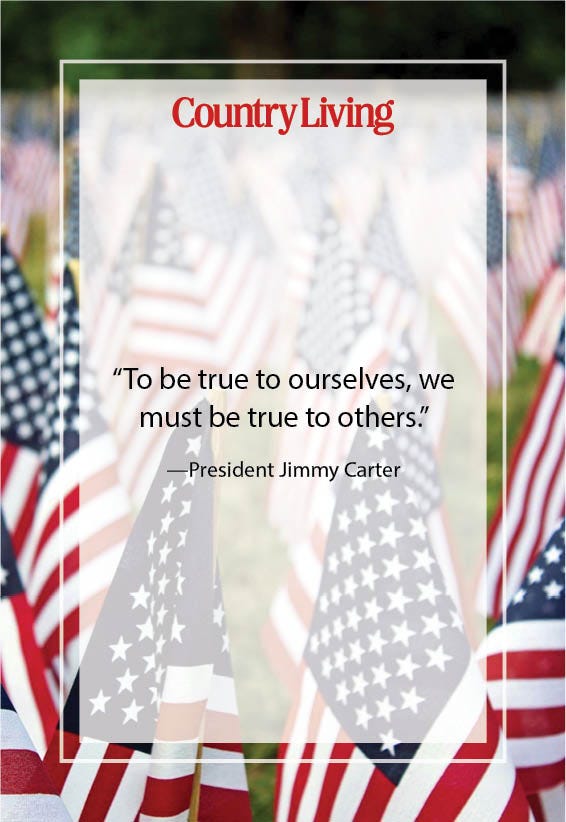 quote from president jimmy carter over a background of american flags