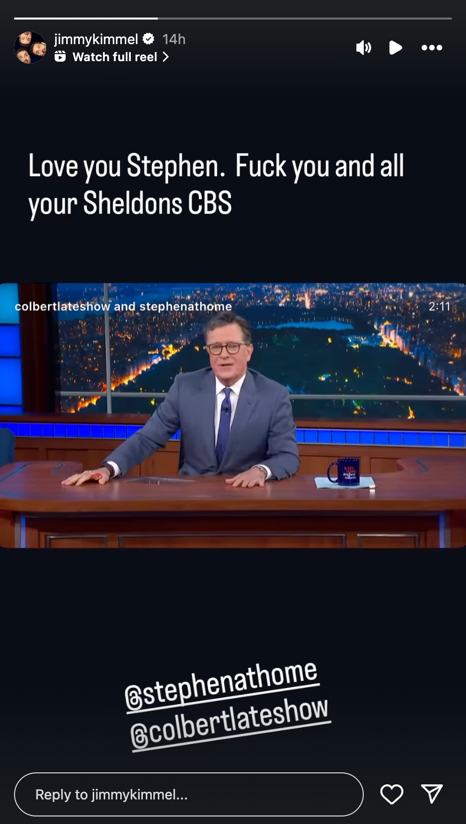 jimmy kimmel reacts to the late show with stephen colbert cancelation