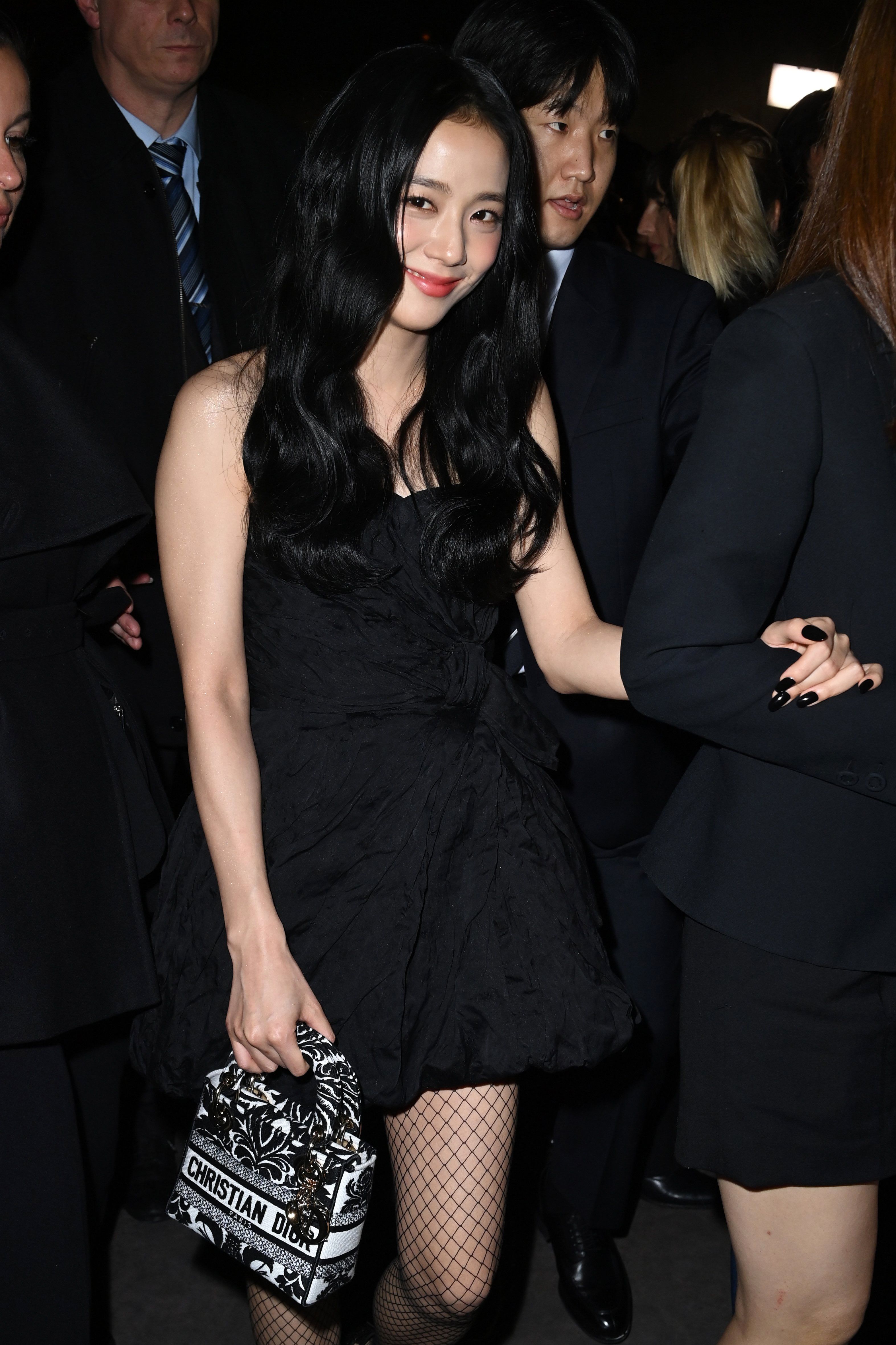Jisoo Wears Black Mini Dress and Fishnets at Diors Paris Fashion Week Show
