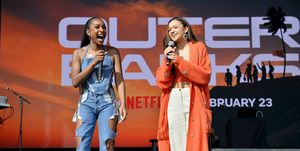 huntington beach, california february 18 l r carlacia grant and madison bailey speak onstage during poguelandia an outer banks experience on february 18, 2023 in huntington beach, california photo by jerod harrisgetty images for netflix