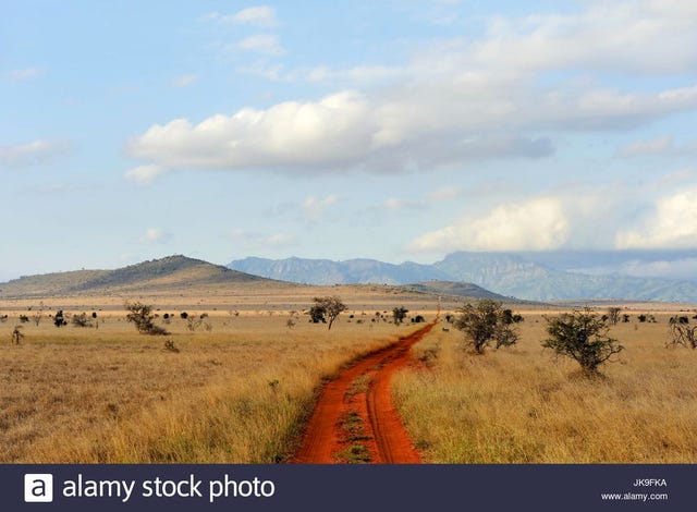 Red road winding through Kenya landscape