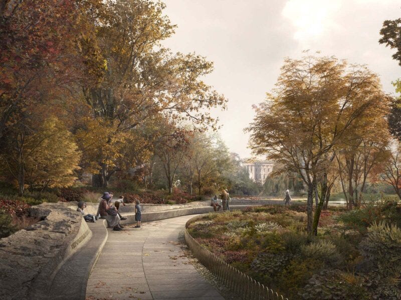 urban park with walking paths seating areas and autumn foliage