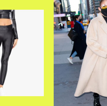 left, the koral leggings jennifer lopez has been spotted wearing multiple times, including at right, where she pairs them with a matching black top, boots, and facemask, and a camel coat