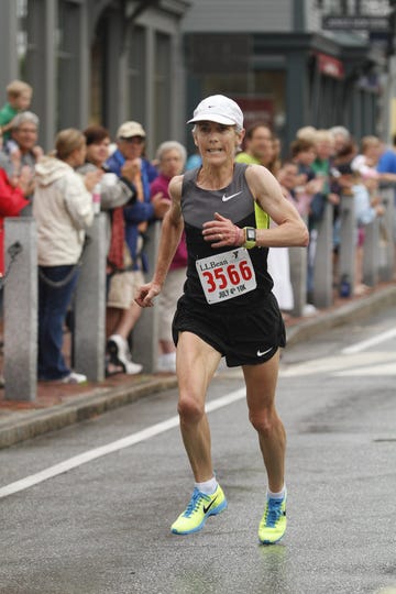 Joan Benoit Samuelson of Freeport finishes strong in fourth among women during the LL Bean 10K Road