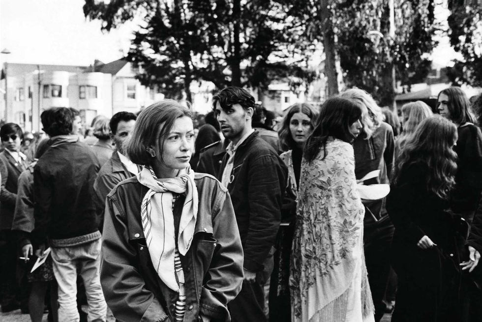 joan didion, in golden gate park, san francisco, 1967, while reporting her piece about haight ashbury, slouching towards bethlehem