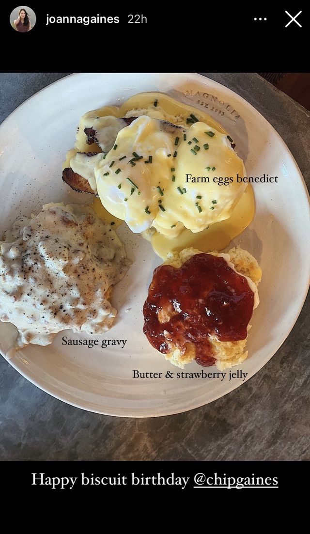 plate of sausage gravy, butter and strawberry jelly, and farm eggs benedict with text next to the food