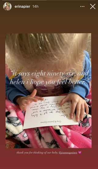 screenshot of erin napier's instagram story of her daughter helen reading note